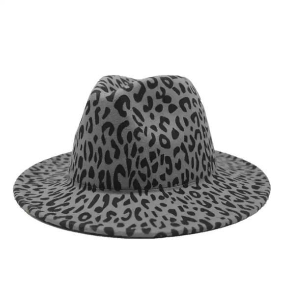 Accessories - Gray Leopard Animal Print Wool Felt Fedora Hat
